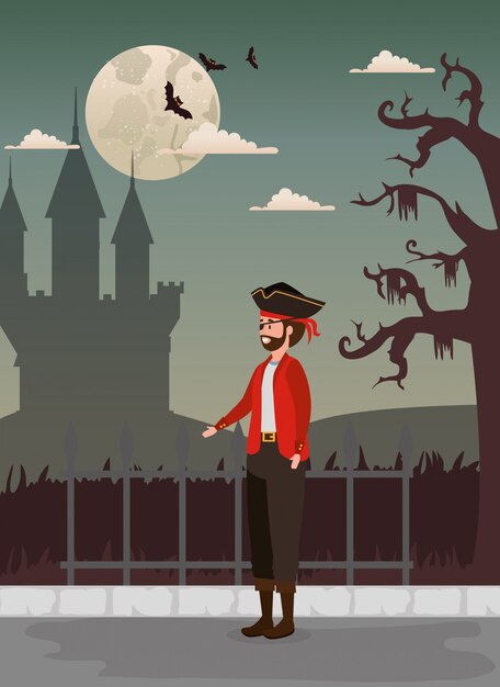 Design de Halloween com pirata e castelo