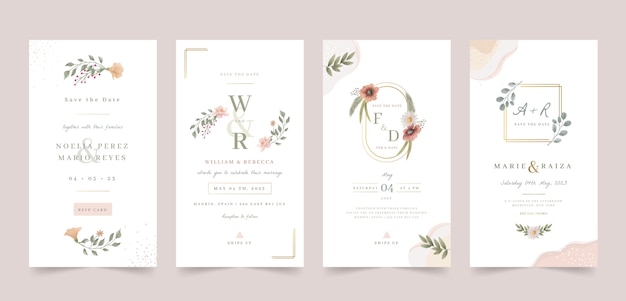 Design de histórias do instagram de casamento floral em aquarela