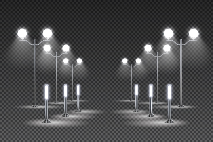 Vetor grátis design de iluminação de jardim ao ar livre com lanternas altas e luzes de rua solares