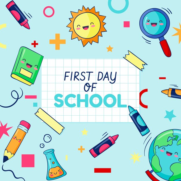 Design de ilustração da escola do primeiro dia desenhado à mão