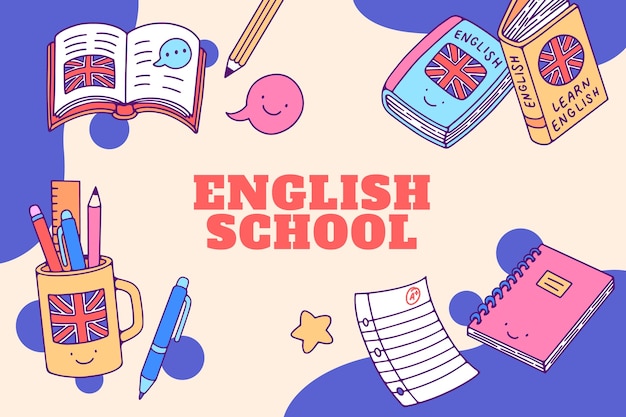 Design de ilustração de escola de inglês desenhado à mão