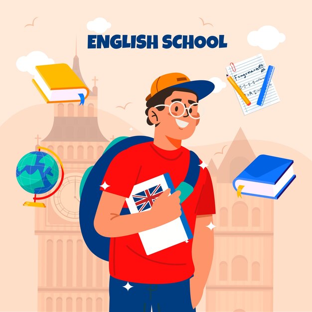 Design de ilustração de escola de inglês desenhado à mão