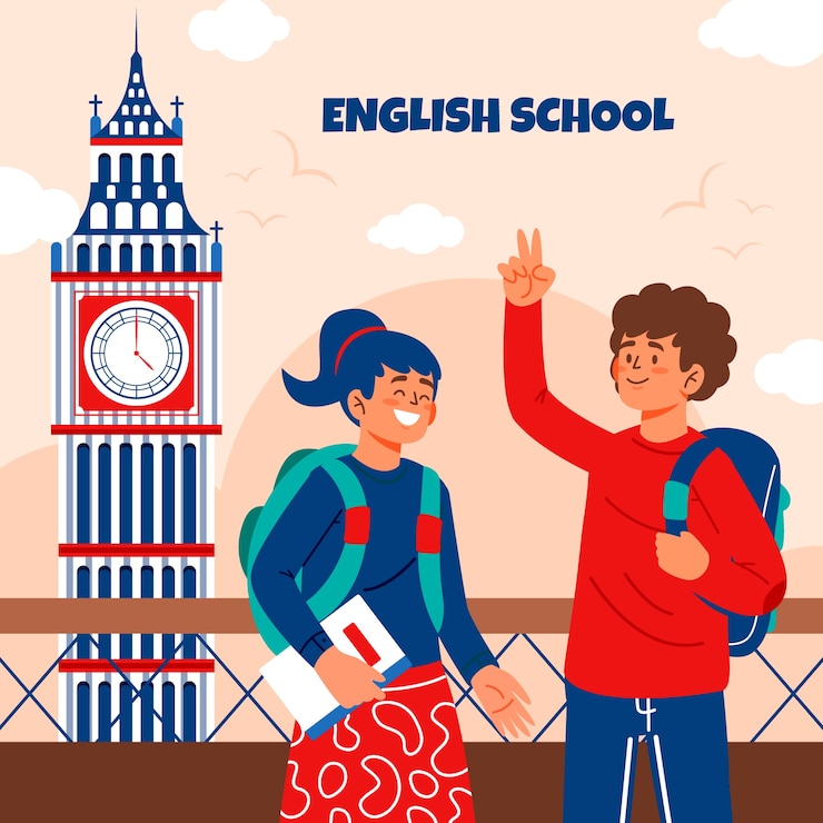 Vetor grátis design de ilustração de escola de inglês desenhado à mão