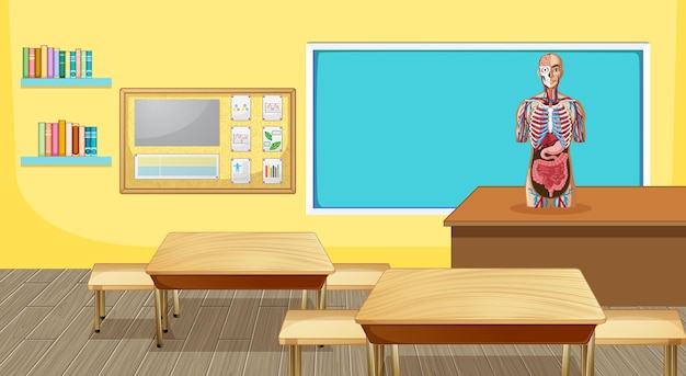 Design de interiores de sala de aula com móveis e decoração
