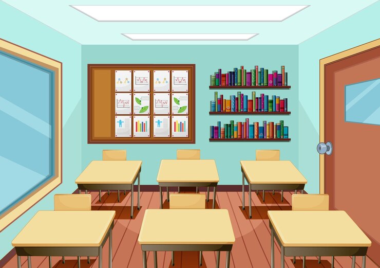 Vetor grátis design de interiores de sala de aula com móveis e decoração
