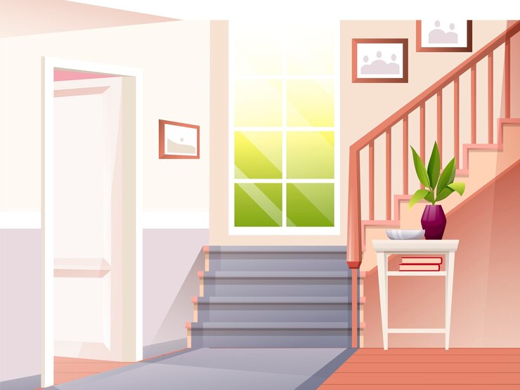 Vetor grátis design de interiores para casa com mesa de porta de escada com livros planta em vasos degraus fotos na janela de paredes vista de sala de foyer moderna e aconchegante