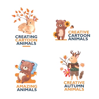 Design de logotipo com animal de outono em estilo aquarela