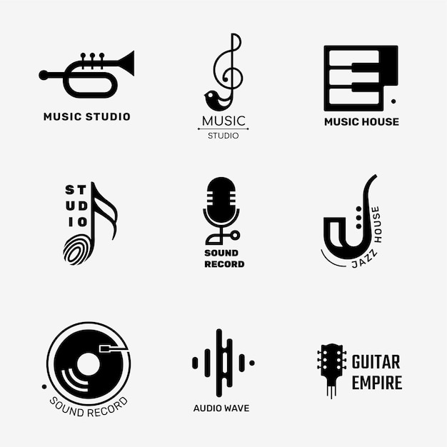 Vetor grátis design de logotipo de vetor de música plana editável definido em preto e branco