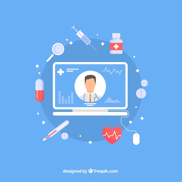 Design de médico on-line azul com elementos