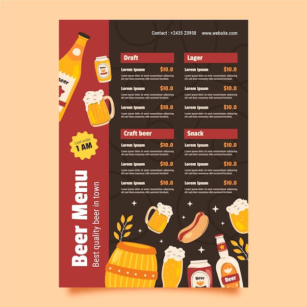 Vetor grátis design de menu de cerveja desenhado à mão