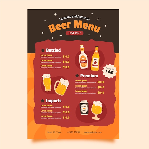 Design de menu de cerveja desenhado à mão