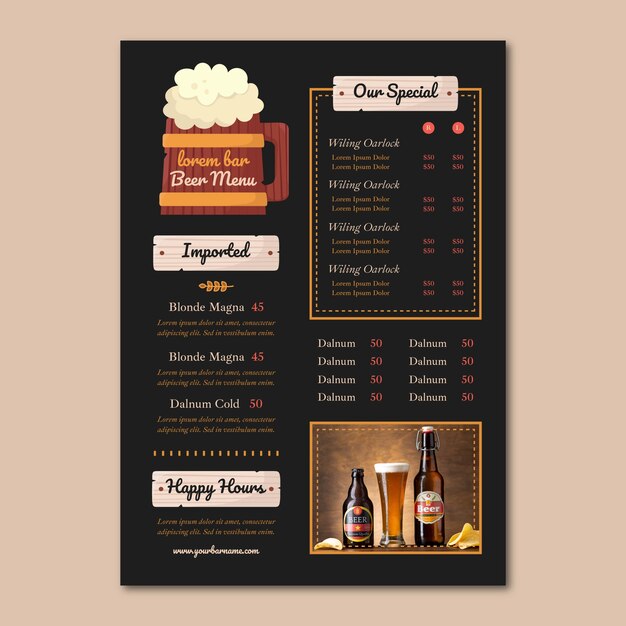 Design de menu de cerveja desenhado à mão
