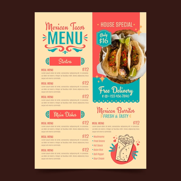 Vetor grátis design de menu de taqueria desenhado à mão