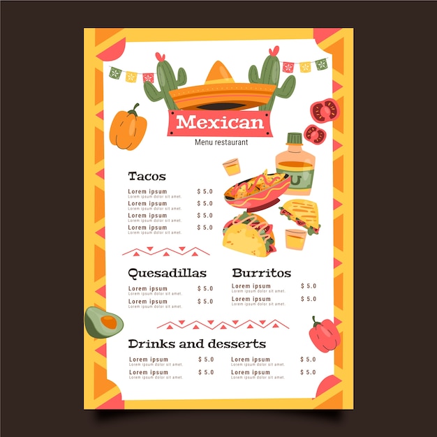 Design de menu de taqueria desenhado à mão