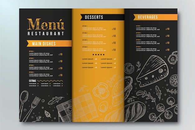 Vetor grátis design de menu de três dobras desenhado à mão