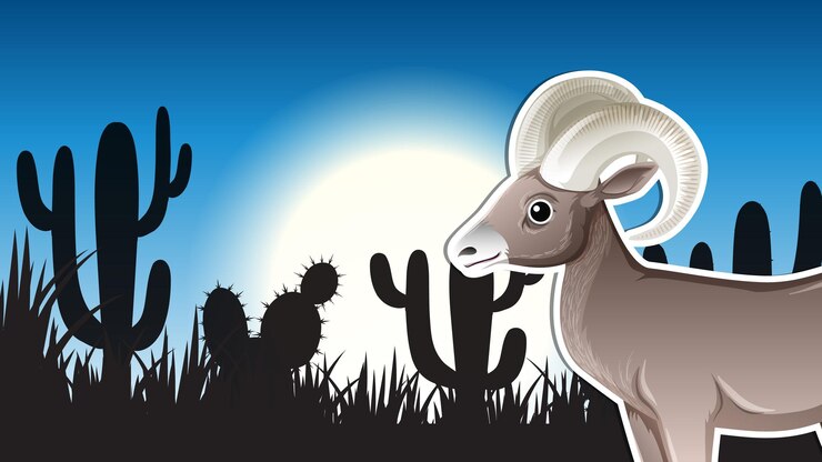 Vetor grátis design de miniatura com carneiro selvagem na silhueta do deserto backgro