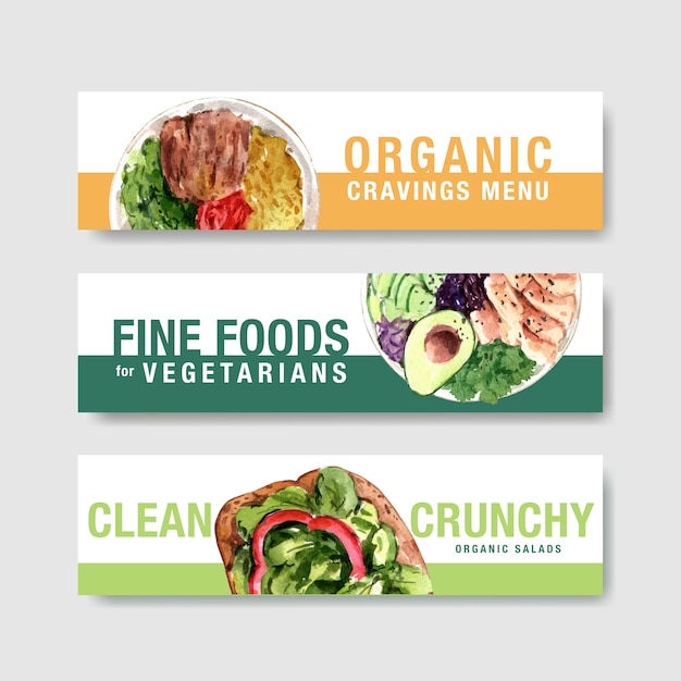 Design de modelo de banner de comida saudável para voucher, aquarela de propaganda