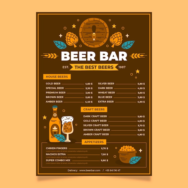 Vetor grátis design de modelo de bar de cerveja desenhado à mão