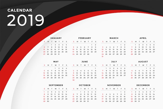 Design de modelo de calendário ondulado vermelho moderno de 2019