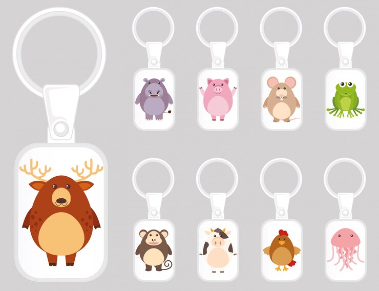 Vetor grátis design de modelo de chaveiro com muitos tipos de animais