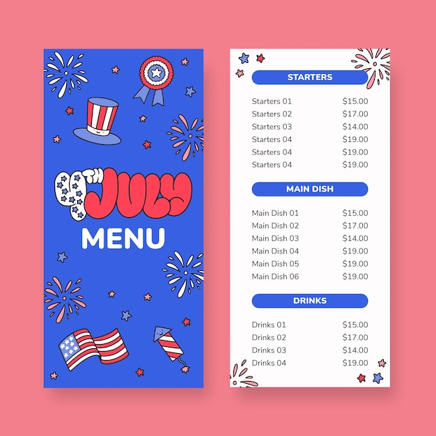 Design de modelo de menu de quatro de julho