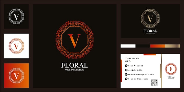 Design de modelo do logotipo do quadro da flor do ornamento de luxo letra v com cartão de visita.