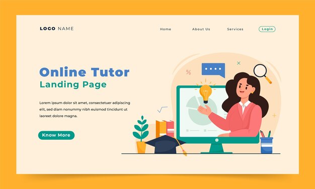 Design de página de destino de tutor on-line desenhado à mão