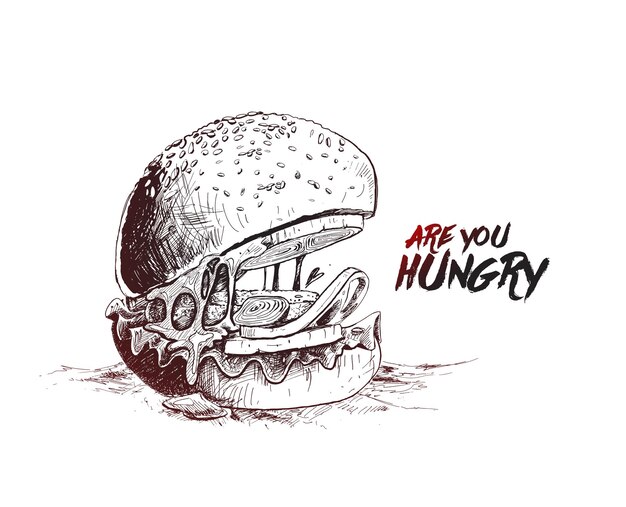 Design de parede de restaurantes de cartão de menu de conceito de hambúrguer com fome