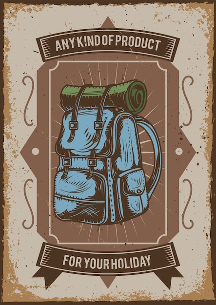 Design de pôster com ilustração de uma mochila de acampamento