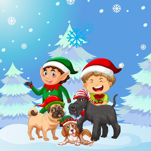 Design de pôster de natal com elfo e cães em fundo nevado