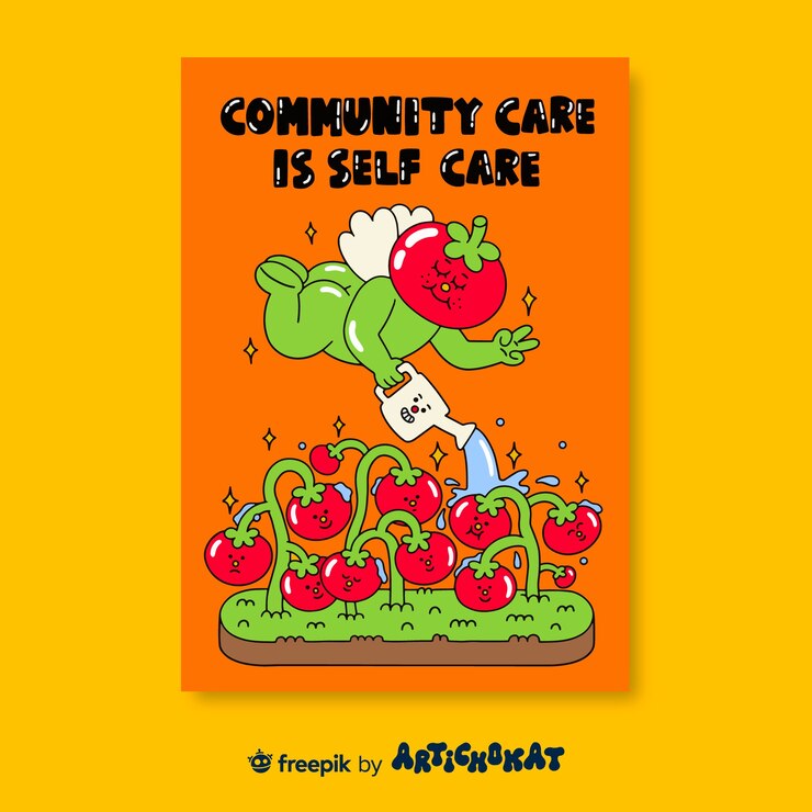Design de pôster ilustrado de amor próprio sobre cuidados com a comunidade