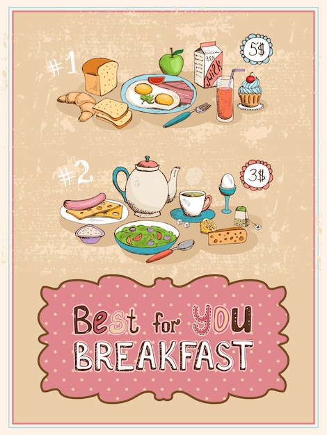 Design de poster vintage best for you breakfast mostrando dois menus cozinhados.