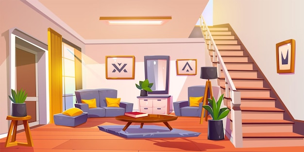 Vetor grátis design de sala de estar estilo escandinavo com móveis vetor ilustração de desenhos animados do sofá cinza interior da casa e poltronas com espelho de almofadas amarelas e imagens abstratas em escadas de parede