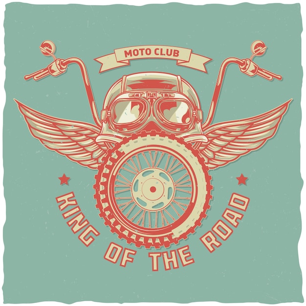 Vetor grátis design de t-shirt com tema de motocicleta com ilustração de capacete, óculos, roda e asas