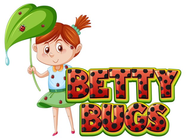 Design de texto do logotipo da Betty Bugs com joaninhas empoleiradas no corpo da menina