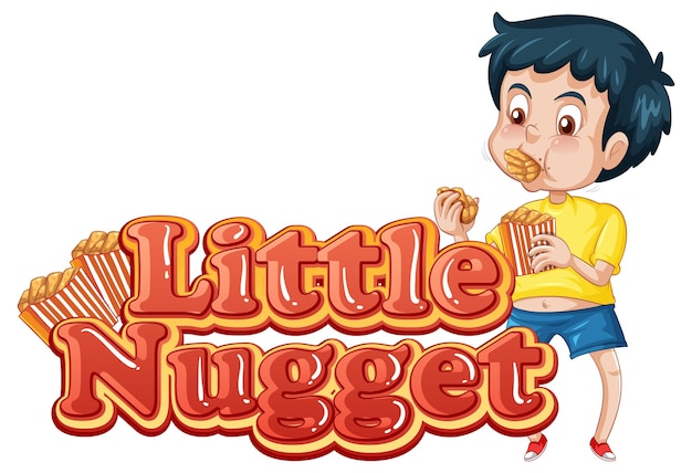 Vetor grátis design de texto do logotipo do little nugget com um menino comendo nuggets de frango