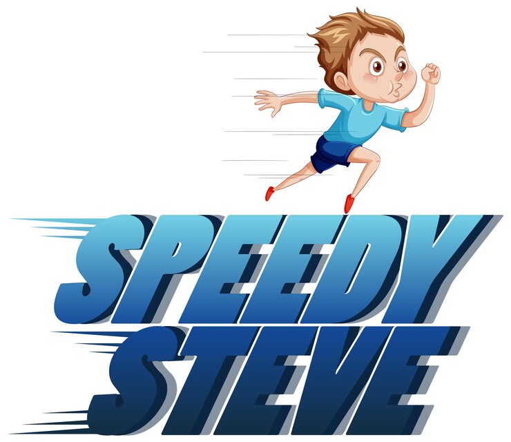 Vetor grátis design de texto do logotipo speedy steve com menino correndo