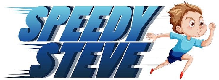 Vetor grátis design de texto do logotipo speedy steve com menino correndo