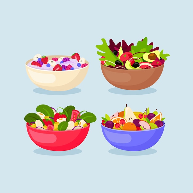 Vetor grátis design de tigelas de frutas e saladas
