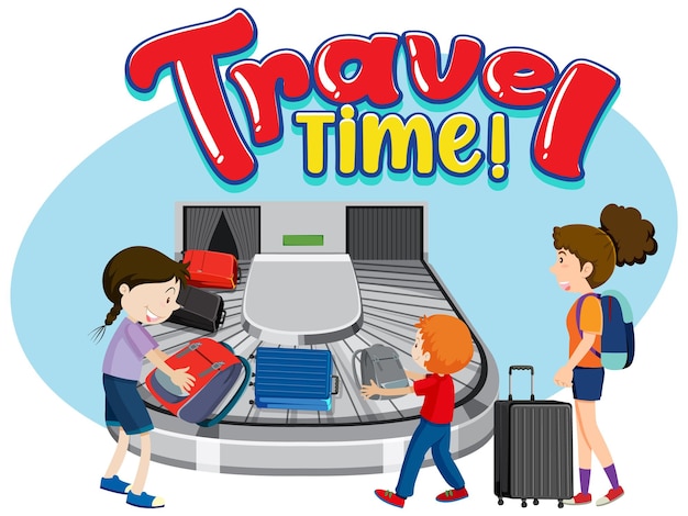 Vetor grátis design de tipografia de tempo de viagem com passageiros esperando por bagagem