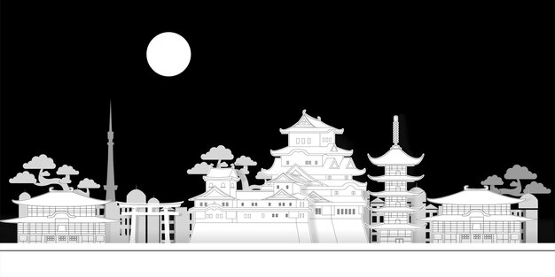 Design de vetor de estilo de corte de papel de paisagem de cidade japonesa