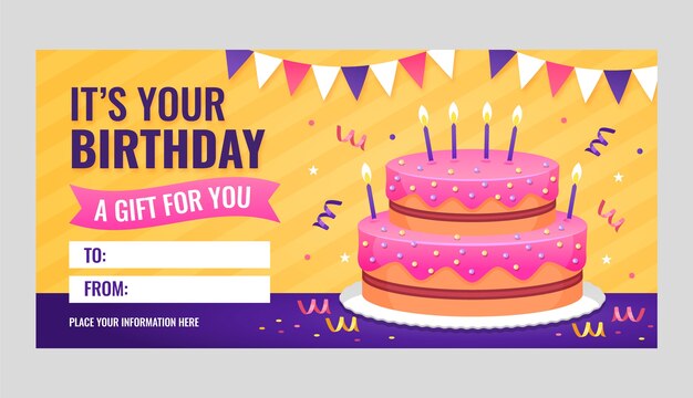 Design de voucher de presente de aniversário gradiente