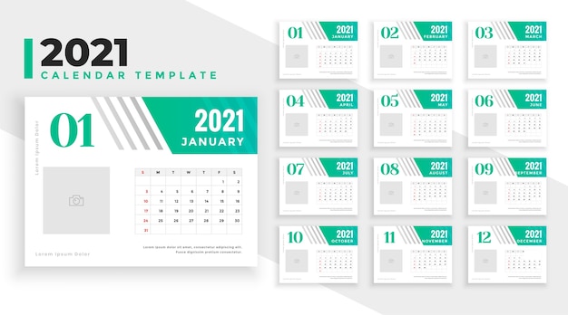 Design do calendário de ano novo de 2021 em turquesa verde