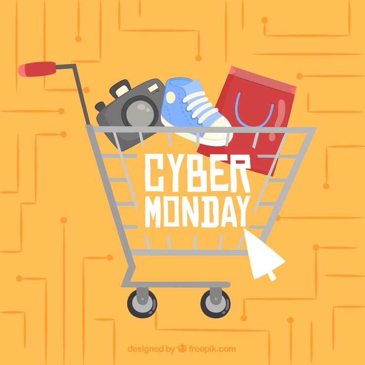 Vetor grátis design do cyber-monday com carrinho plano