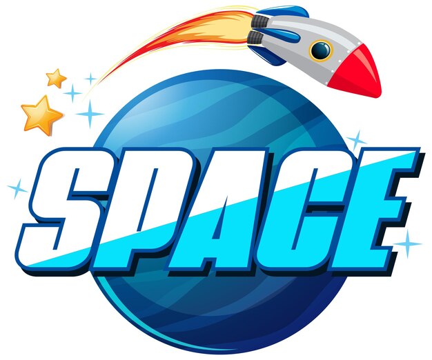 Design do logotipo da palavra do espaço com nave espacial