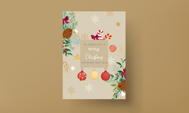 Design elegante de cartão de natal com enfeites de natal e lindas folhas