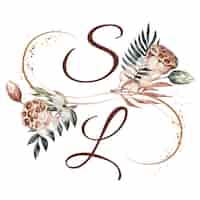Vetor grátis design floral de iniciais em aquarela desenhadas à mão