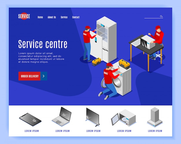 Design isométrico do site da página de destino do centro de serviço com links editáveis em texto editável e imagens de itens