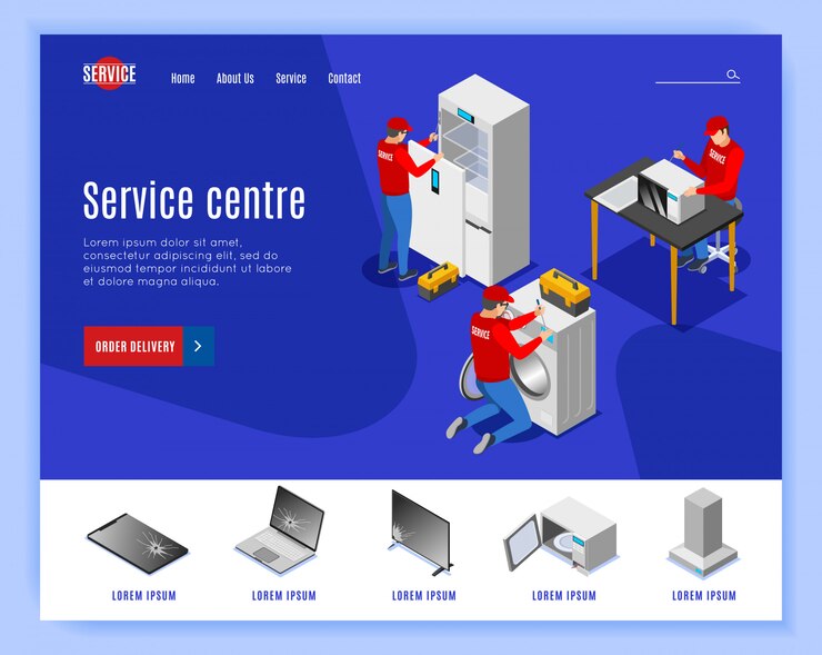 Vetor grátis design isométrico do site da página de destino do centro de serviço com links editáveis em texto editável e imagens de itens
