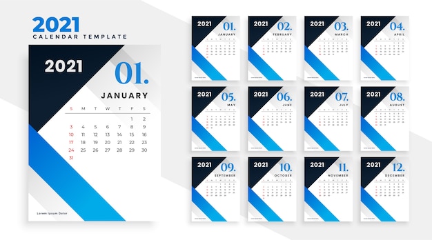 Design moderno do calendário geométrico azul para o ano novo 2021
